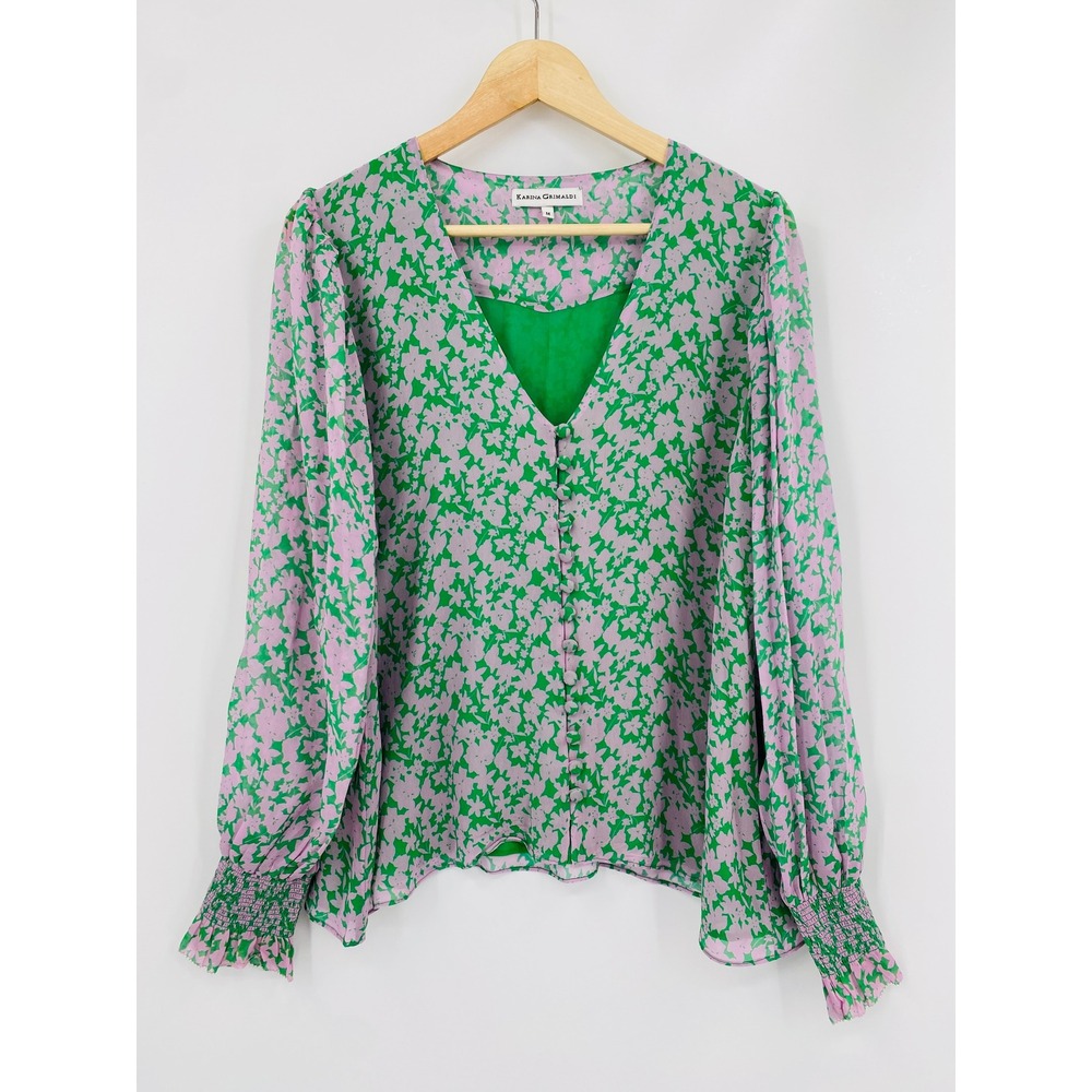 Karina Grimaldi Silk Blend Blouse Womens M Green Pink Floral V-Neck Smocked Cuff
